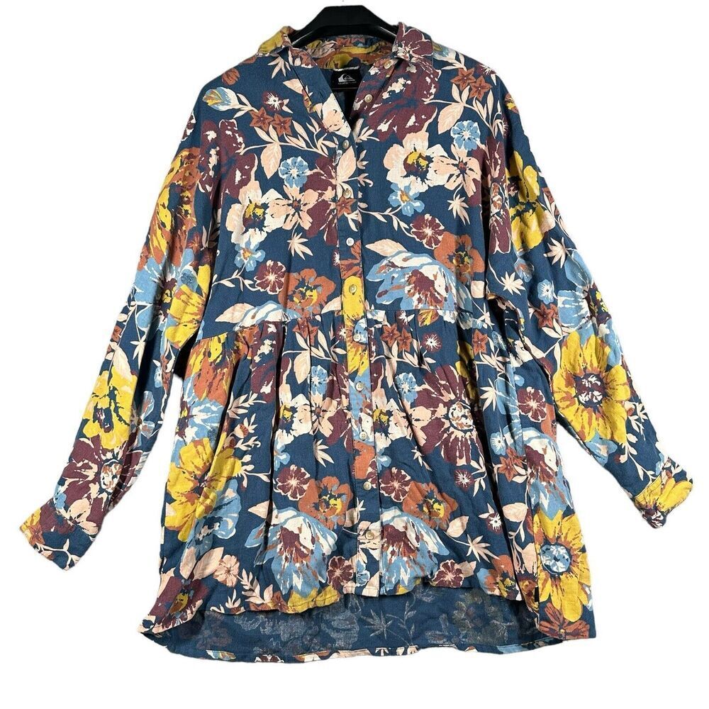 Quicksilver Sunscape Long Sleeve Dark Denim Wallflower Mini Shirt Dress Linen S